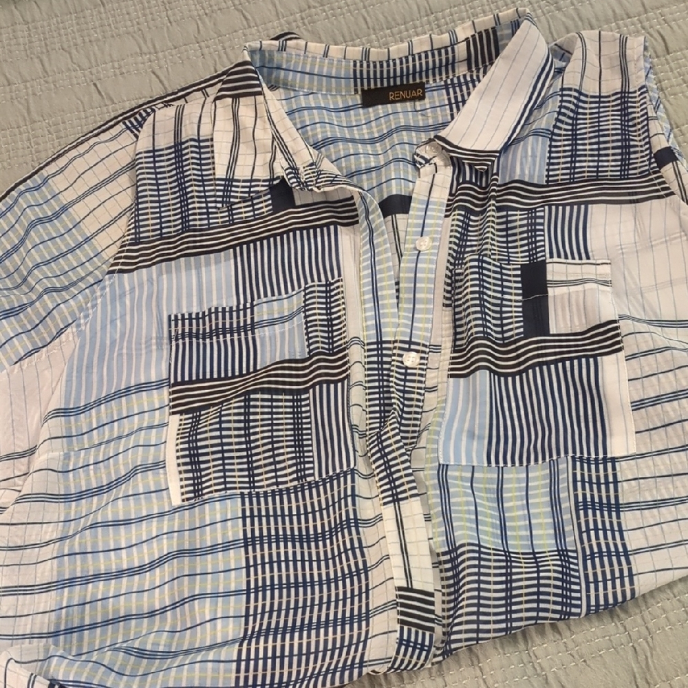 Renuar Blue and White Casual Button Down Shirt